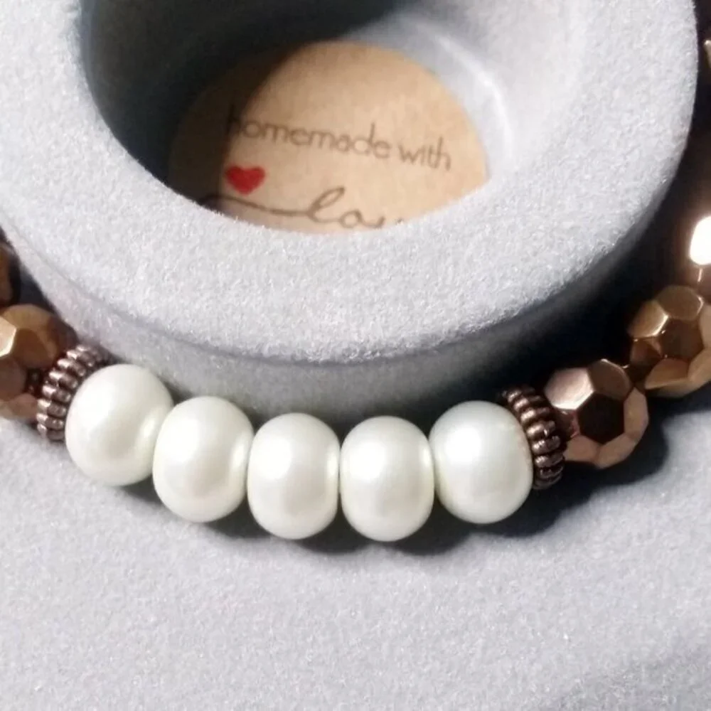 Copper + Faux Stretch Pearls Bracelet! Upscale Boho Contrasts Feminine Trendy
